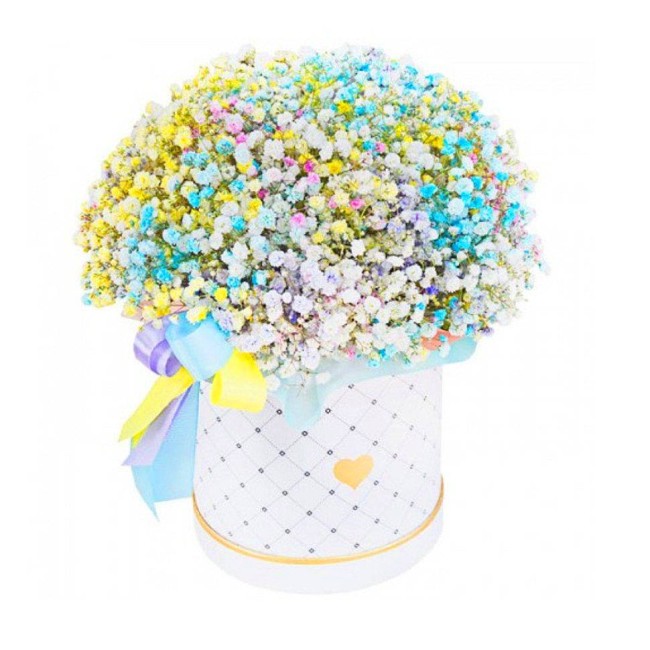 Букет цветов "Шляпная коробка с разноцветной гипсофилой"
